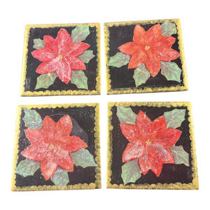 Vintage Hand-painted Poinsettia Christmas Decor Tiles USA Set~4 Trivet/Coasters